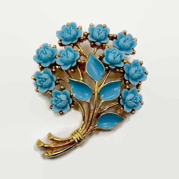 Vintage Brooch, Flower, Bouquet, Blue, Enamel, Celluloid, Roses, Gold Tone - Picture 1 of 4